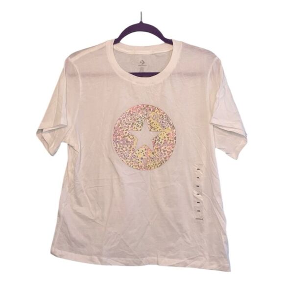 Converse Floral Logo Graphic Tee White Pink Yellow Knit Short Sleeve XXL - Picture 1 of 7